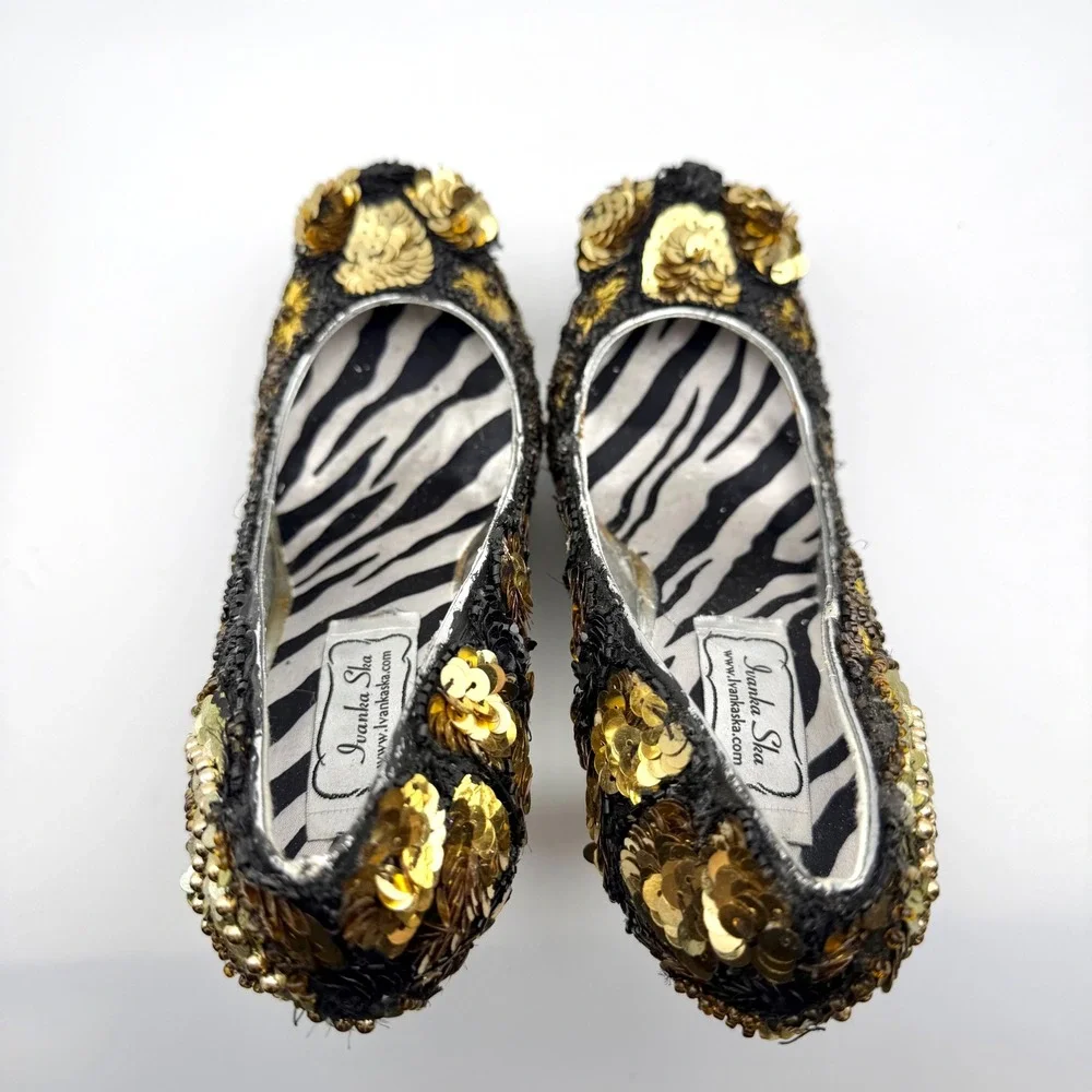 Ivanka Ska Sequin Beaded Platform Pumps Gold Black Zebra Print Heel 5.5 In 8/8.5
